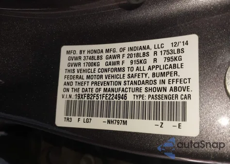 2015 Honda Civic Lx from USA, damaged, VIN 19XFB2F51FE224946